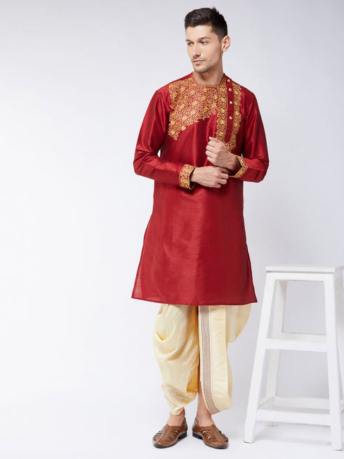 Vastramay Men's Maroon And Gold Silk Blend Kurta and Dhoti Set